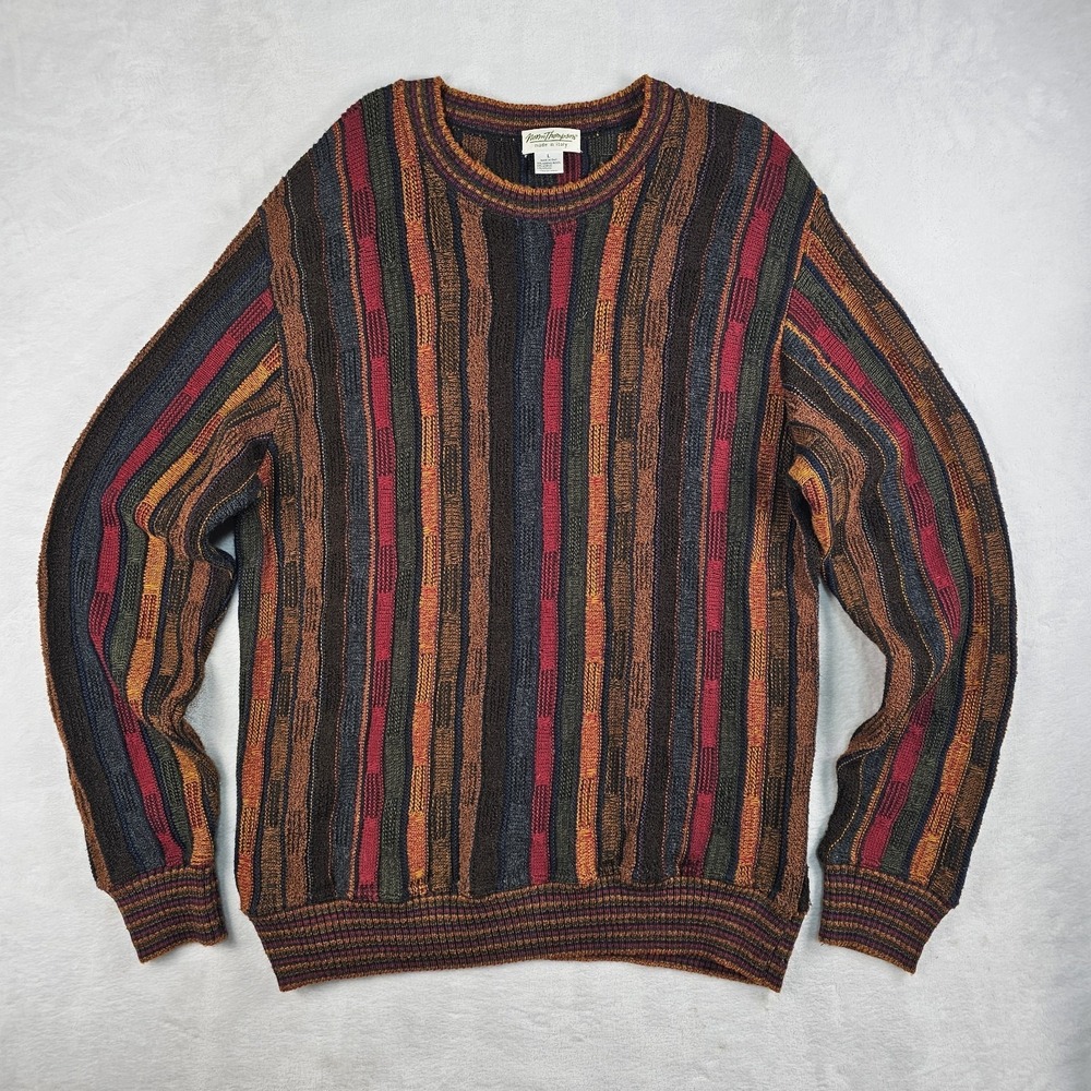 Vtg NORM THOMPSON 3D Knit Sweater Mens L Merino Wool Blend Grandpa Cosby ITALY